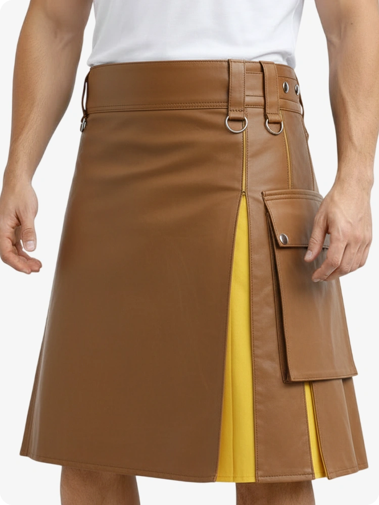 Brown leather skirt with yellow lining worn by a person on a white background
