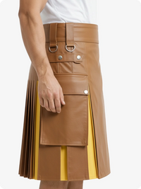 Brown leather skirt with yellow lining worn by a person on a white background