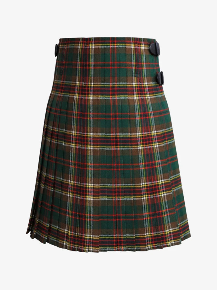 Plaid kilt with green, red, and white pattern on a white background