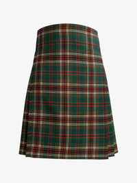 Plaid kilt with green, red, and white pattern on a white background