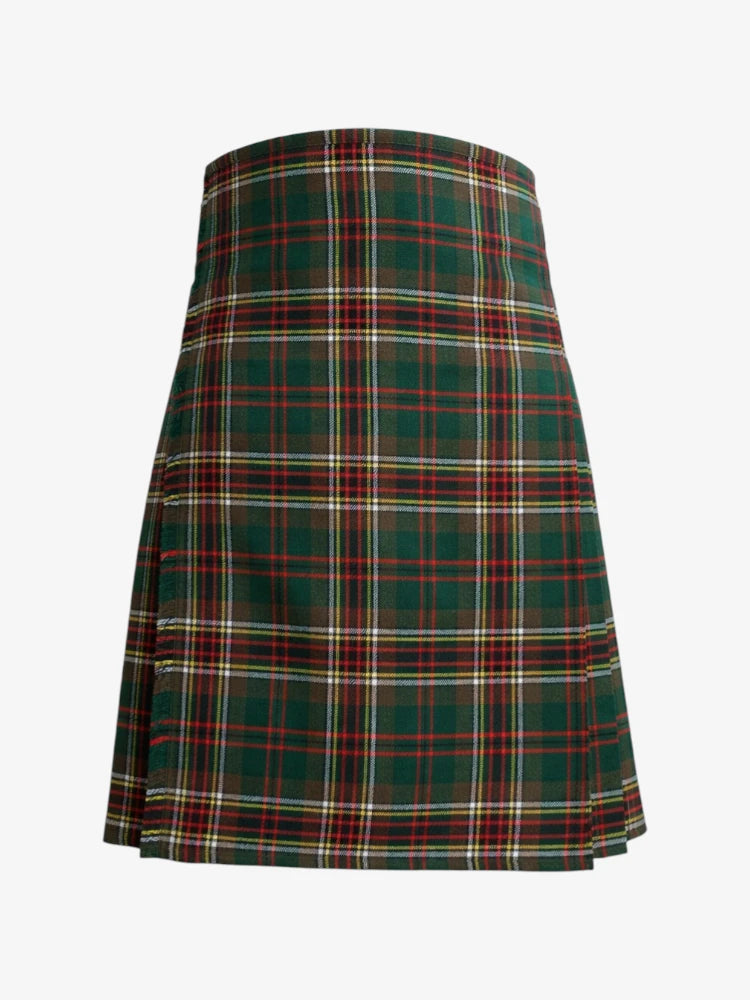 Plaid kilt with green, red, and white pattern on a white background
