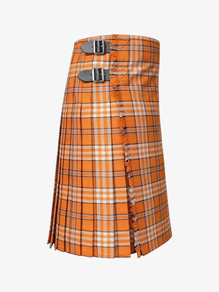 Orange plaid kilt with silver belt on a white background