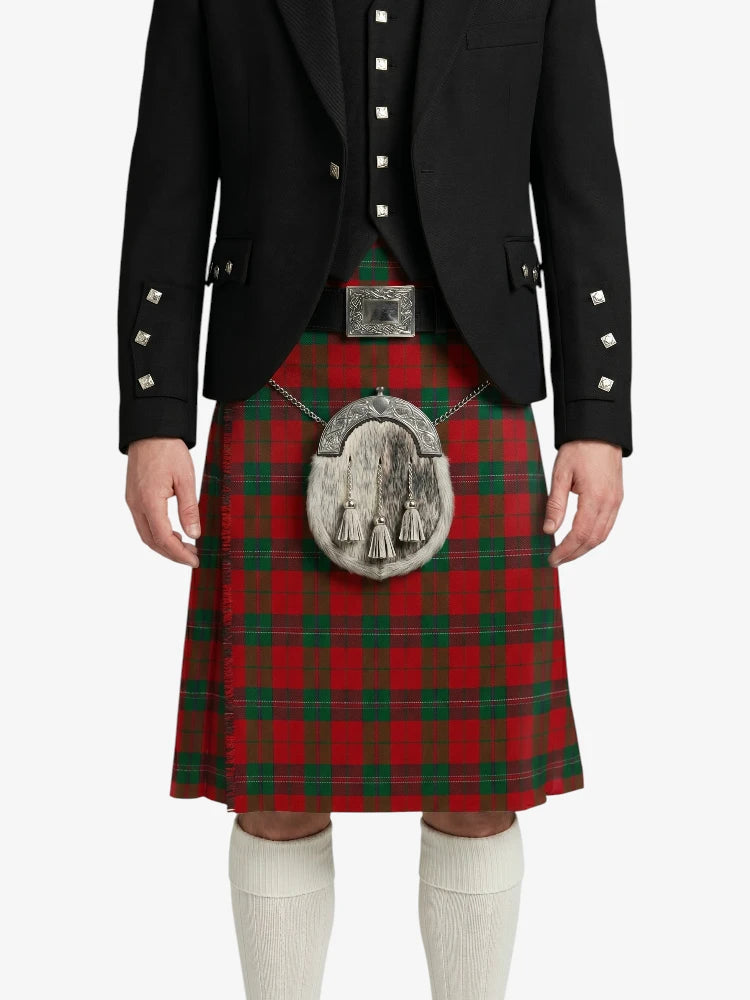 Person wearing a black jacket with silver buttons and a red tartan kilt on a white background