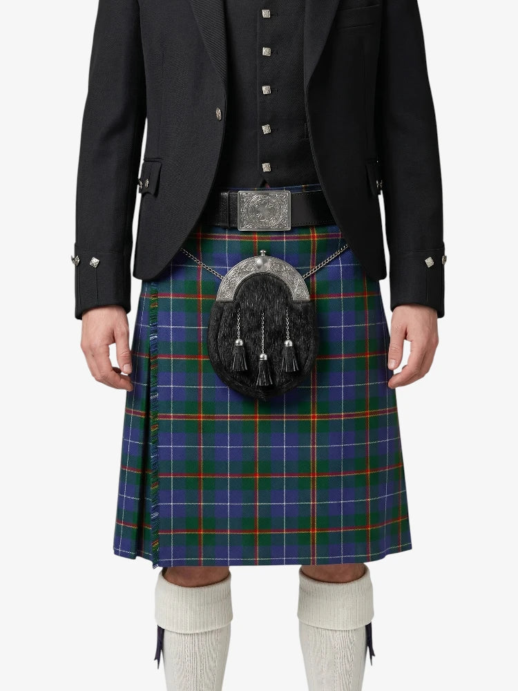 Person wearing a traditional Scottish kilt with a tartan pattern on a white background