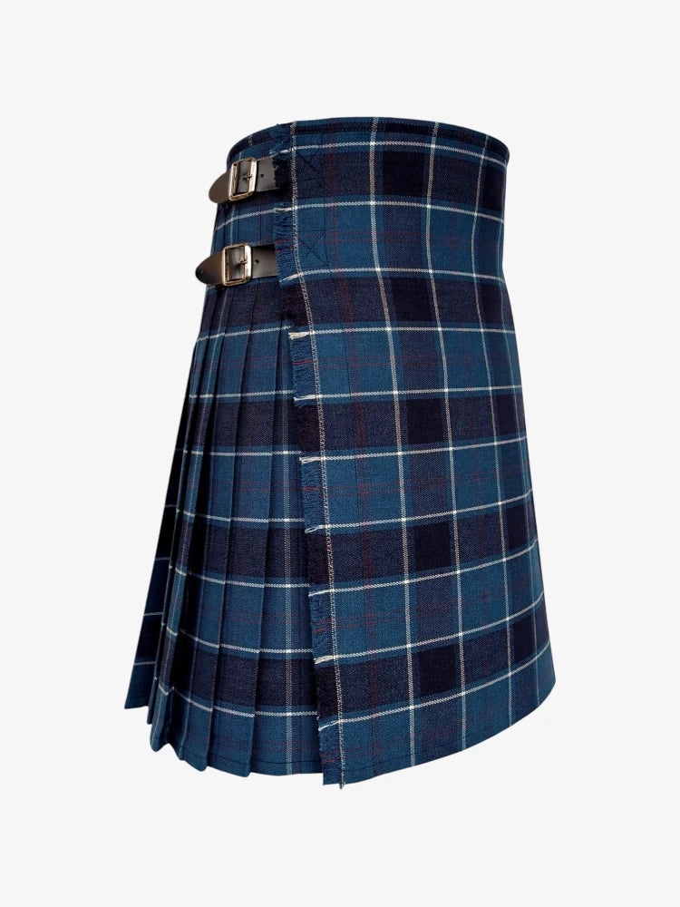Blue plaid kilt with a belt on a white background