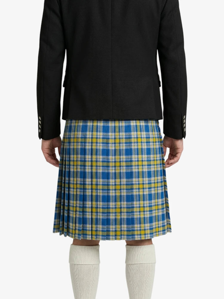 Person wearing a black jacket and blue and yellow plaid kilt on a white background