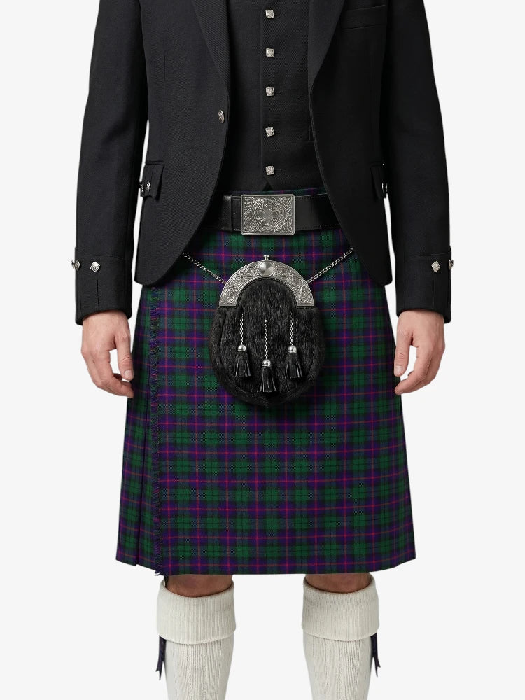 Person wearing a traditional Scottish kilt with a sporran on a white background