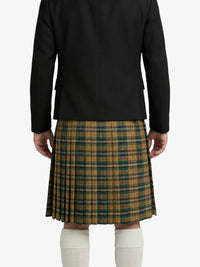 Person wearing a black jacket and plaid kilt on a white background