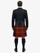 Person wearing a black prince charlie  jacket and wallace plaid kilt on a white background