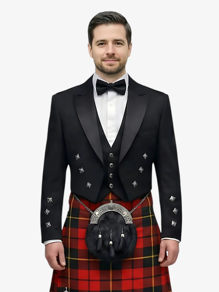 Man wearing a formal black prince charlie jacket with a white shirt and red plaid kilt on a white background