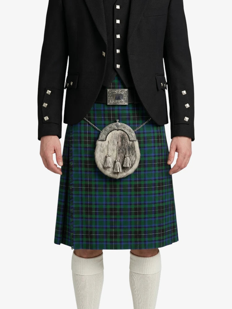 Person wearing a black jacket, green plaid kilt, and white knee-high socks on a white background