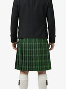 Person wearing a black jacket and green plaid kilt on a white background