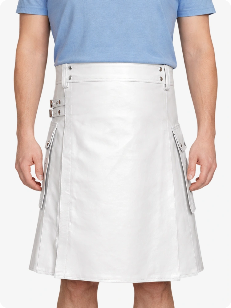 White Genuine Leather Utility Kilt with Side Pockets