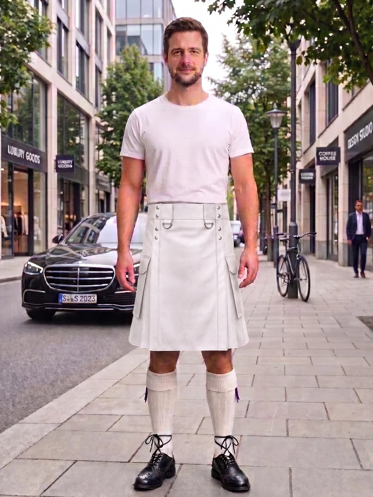 White Leather Kilt For Men Tactical Utility Kilts