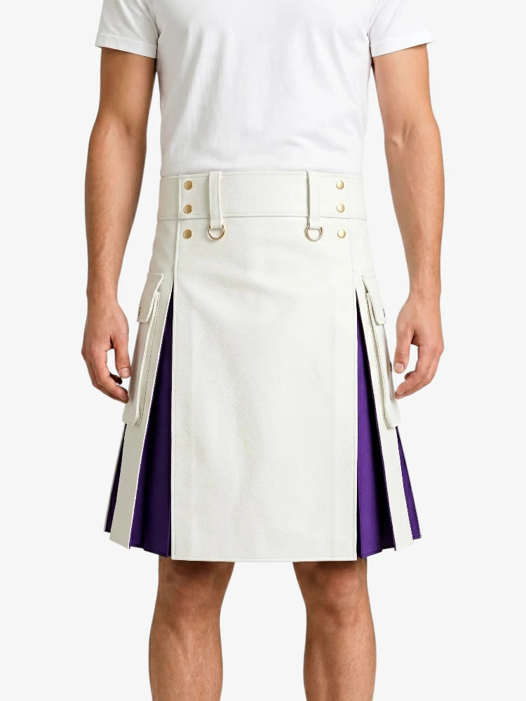 White Leather Kilt With Purple Pleats