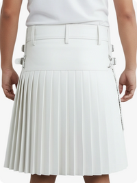 White pleated skirt worn by a person on a white background