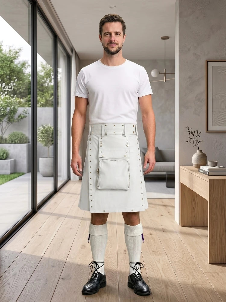 White Leather Utility Kilt Front Side