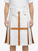 White skirt with brown accents and button details worn by a person on a white background