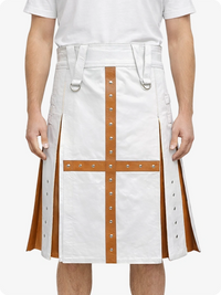 White skirt with brown accents and button details worn by a person on a white background