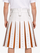 White pleated skirt with brown stripes on a white background