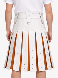 White pleated skirt with brown stripes on a white background