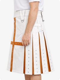 White skirt with brown accents worn by a person on a white background