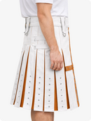 White kilt with brown stripes worn by a person on a white background