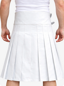 White pleated skirt worn by a person on a white background