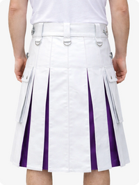 White Leather Utility Kilt with Purple Pleats, Side Pockets & D-Ring Hardware