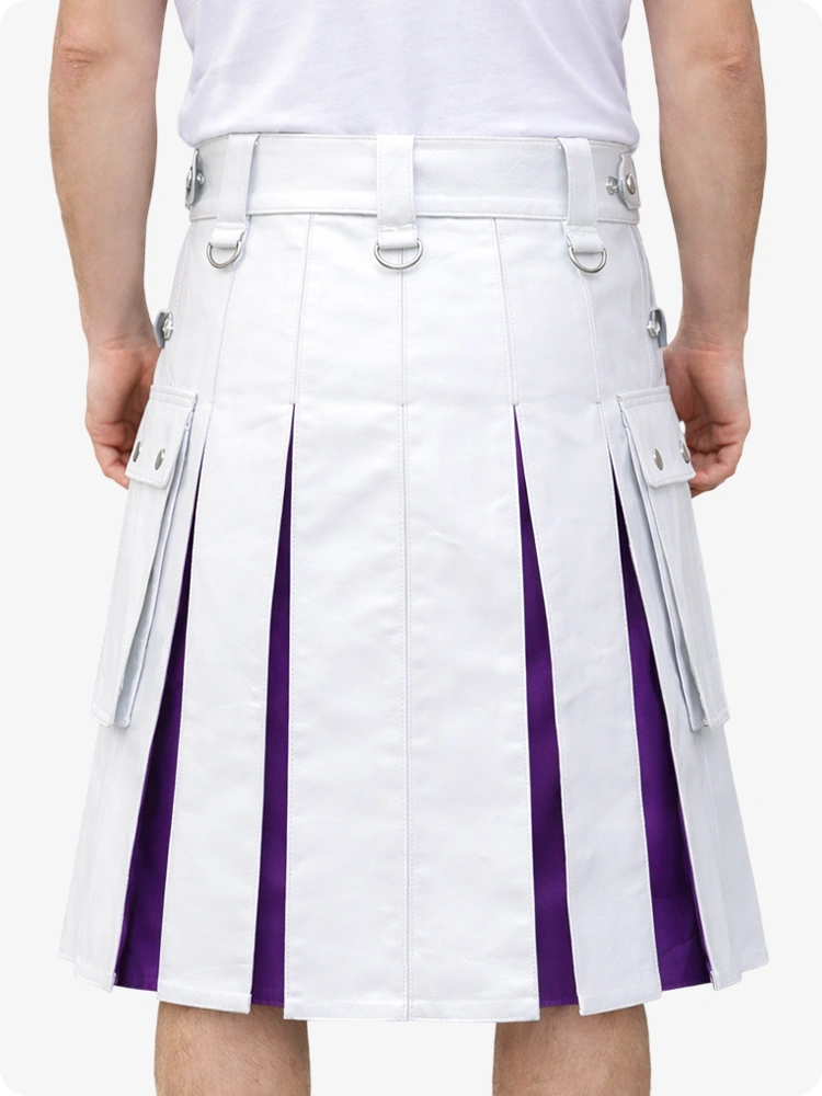 White Leather Utility Kilt with Purple Pleats, Side Pockets & D-Ring Hardware