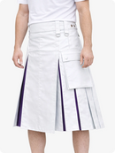 White Leather Utility Kilt with Purple Pleats, Side Pockets & D-Ring Hardware