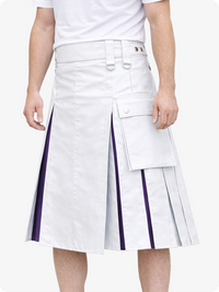 White Leather Utility Kilt with Purple Pleats, Side Pockets & D-Ring Hardware