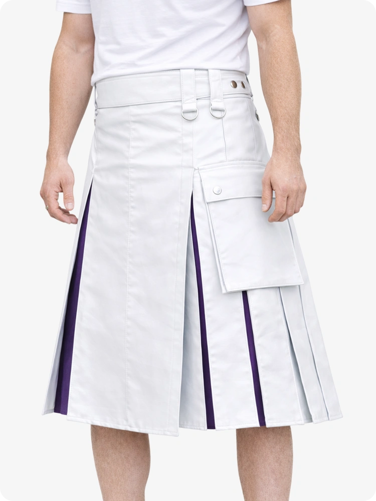 White Leather Utility Kilt with Purple Pleats, Side Pockets & D-Ring Hardware