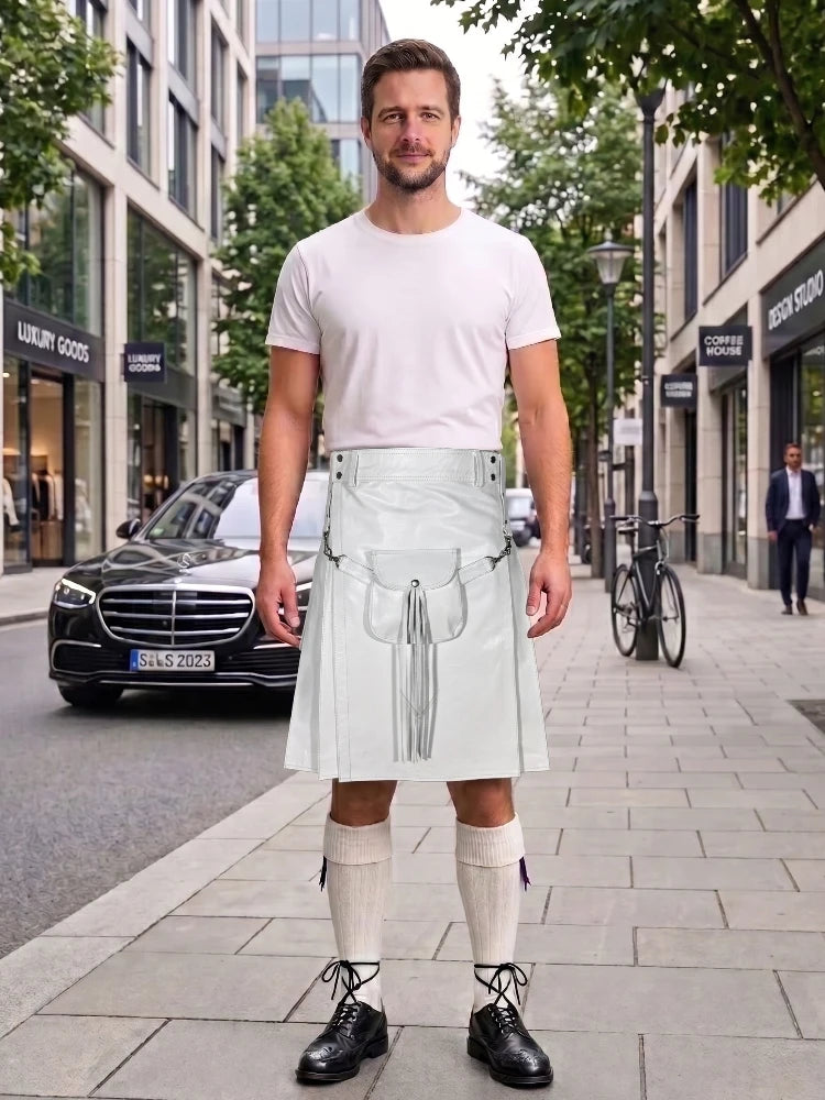 White Leather Utility Kilt with Sporran