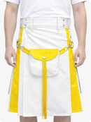 White apron with yellow accents and a belt featuring metal rings and chains.