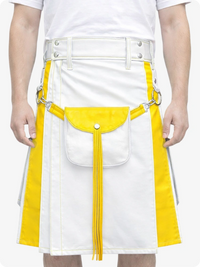White apron with yellow accents and a belt featuring metal rings and chains.