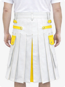 White kilt with yellow accents worn by a person on a white background