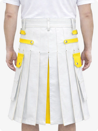 White kilt with yellow accents worn by a person on a white background