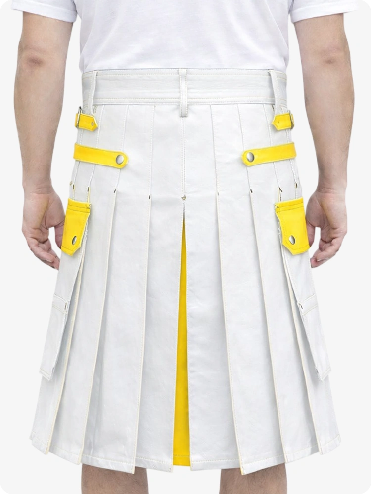 White kilt with yellow accents worn by a person on a white background