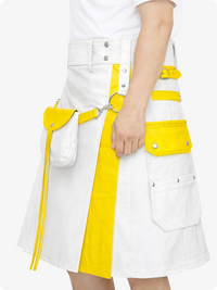 White skirt with yellow accents and a white bag on a white background