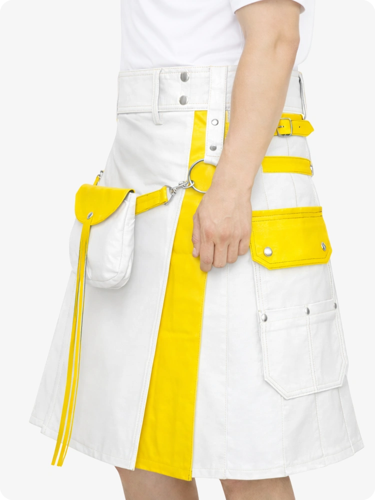 White skirt with yellow accents and a white bag on a white background