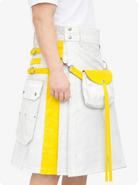 White skirt with yellow accents and a belt on a white background