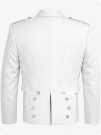 White blazer with button details on a white background