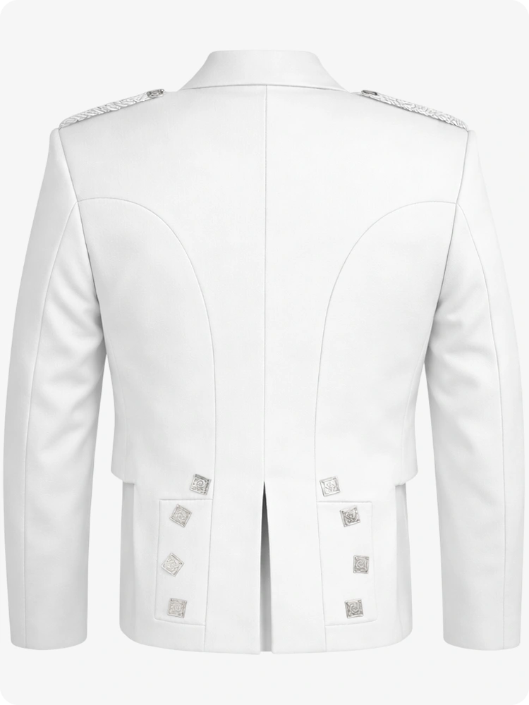 White blazer with button details on a white background