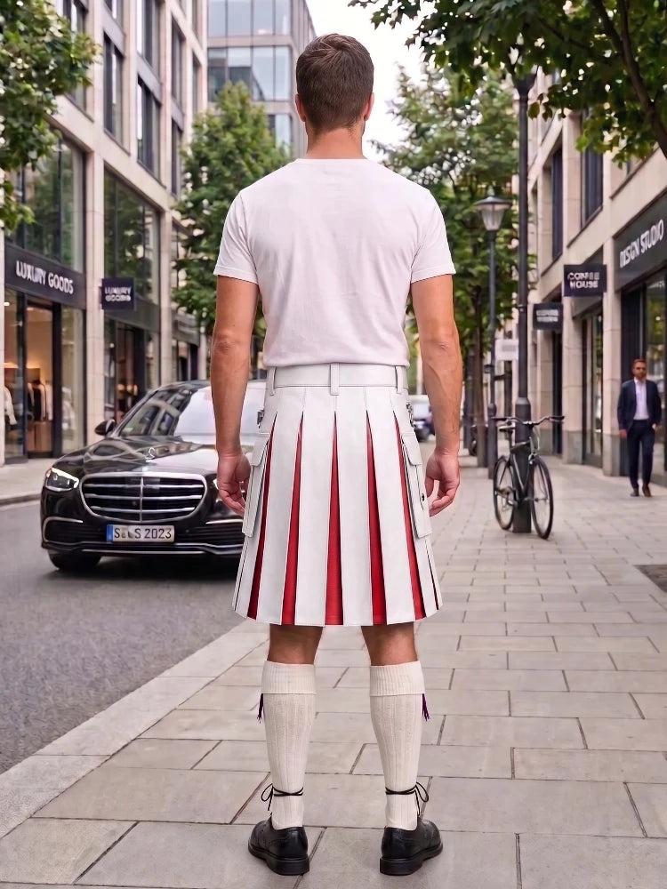 A man viewed from behind wearing a white t-shirt and a white pleated kilt with red vertical stripes, standing on a city sidewalk.