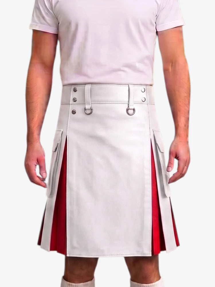 A man wearing a white kilt with red side panels and silver metal hardware, paired with a light pink t-shirt, shown from the chest down against a light gray background.