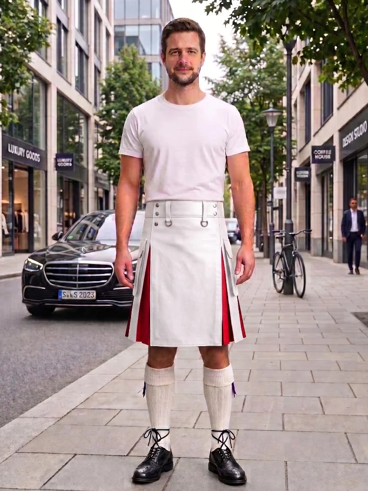 A man stands on a city sidewalk wearing a white kilt-style outfit with red side panels, a white t-shirt, white knee-high socks, and black shoes. Buildings, trees, a black car, and a bicycle are visible in the background.