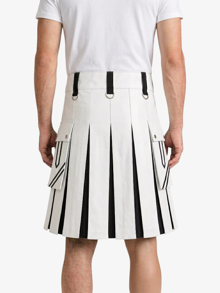 White and Black Leather Hybrid Utility Kilt Back