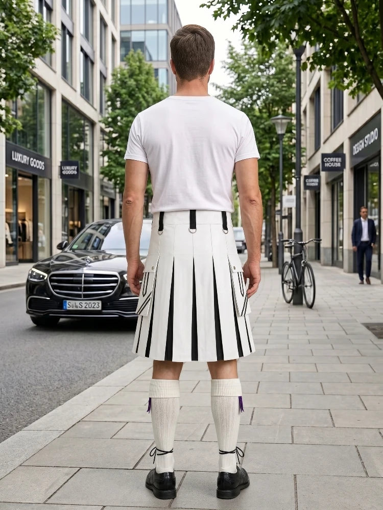 White and Black Leather Hybrid Utility Kilt Back Side