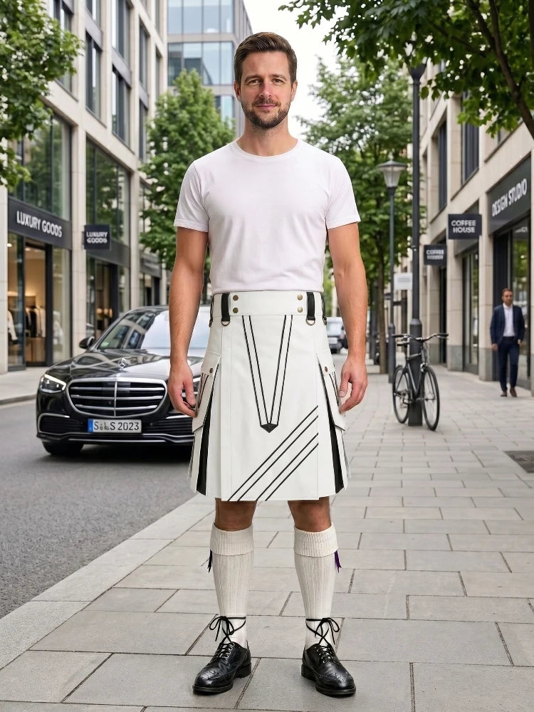 White and Black Leather Hybrid Utility Kilt Front